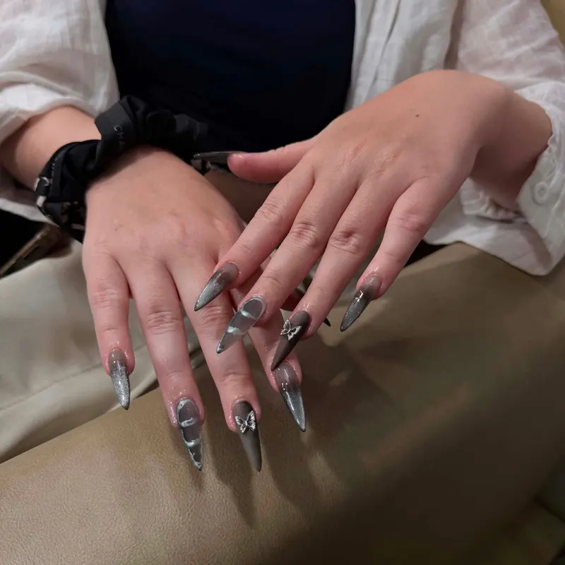 Grey marble chrome coffin nails by LENA Nails & Beauty, nail salon in Da Nang