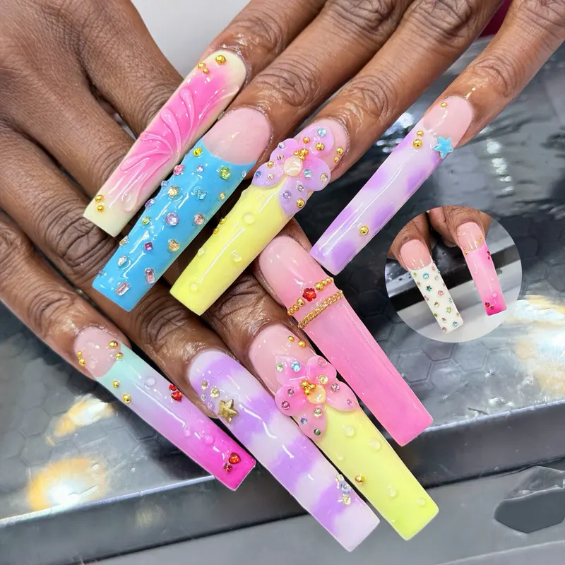 Extra-long multicolour coffin nails with 3D art by LENA Nails & Beauty, nail salon in Da Nang